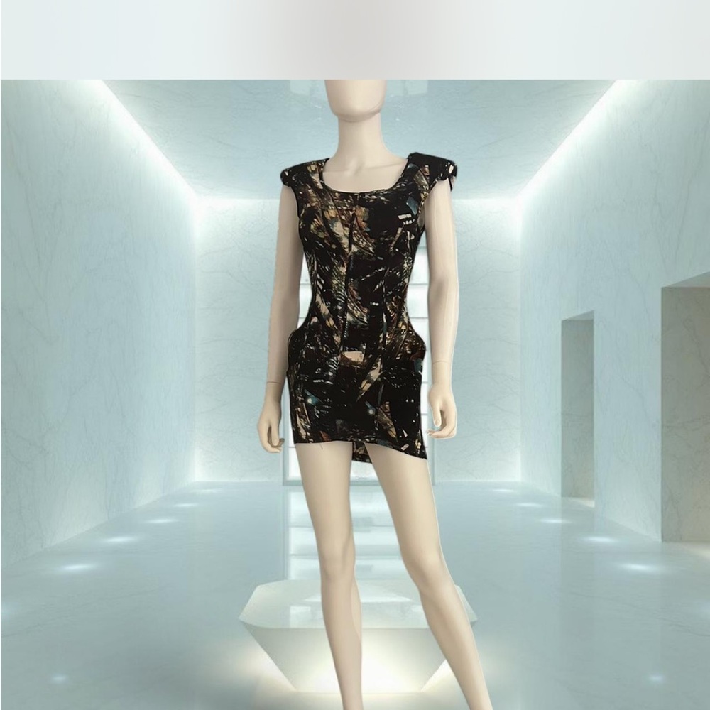 Factory by Eric Hart - geometric body con open back mini dress w/shoulder pads.